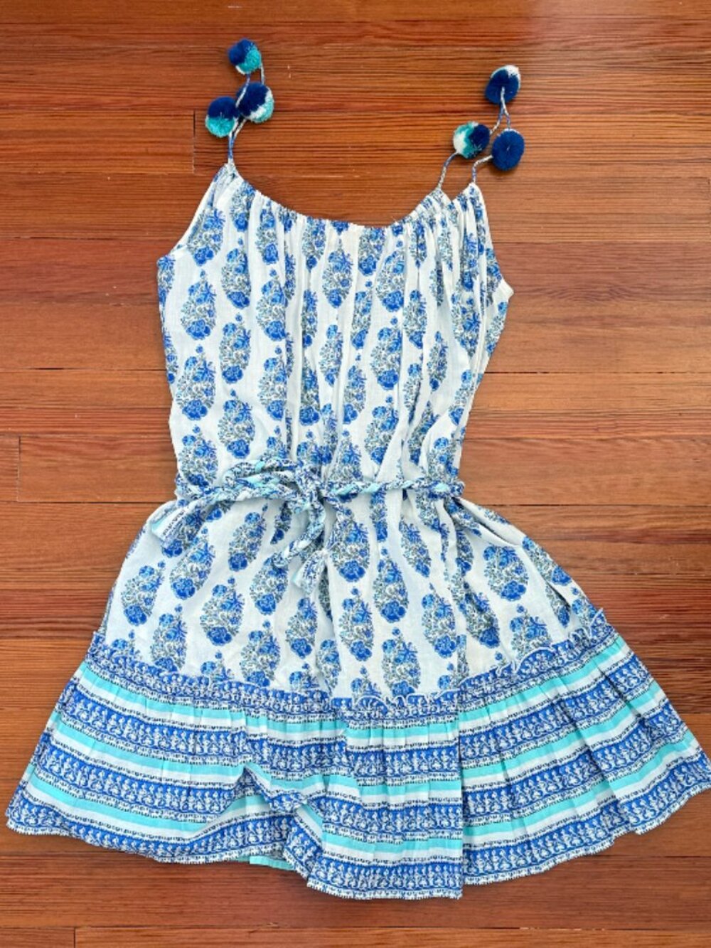 Playa Lucila Blue White Block Print Pom Pom Mini Dress XS